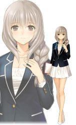 Rule 34 | 1girl, blazer, braid, breasts, brown eyes, cleavage, clipboard, dress, full body, hair between eyes, hand on own chest, high heels, holding, jacket, jewelry, long hair, necklace, pocket, short dress, silver hair, simple background, single braid, smile, solo, standing, tony taka, white background