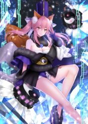 Rule 34 | animal ear fluff, animal ears, bare shoulders, blue gloves, breasts, fate/extella, fate/extra, fate (series), fox ears, fox girl, fox shadow puppet, fox tail, gloves, hair ribbon, highres, japanese clothes, large breasts, off shoulder, official alternate costume, pink hair, ribbon, short shorts, shorts, tail, tamamo (fate), tamamo no mae (fate/extra), tamamo no mae (moon crux) (fate), white ribbon, yellow eyes, yuzushiro