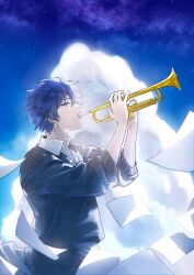Rule 34 | 1boy, blue eyes, blue hair, cloud, collared shirt, commentary request, hands up, highres, holding, holding instrument, instrument, kaito (vocaloid), long sleeves, looking at viewer, male focus, outdoors, paper, parang 99, shirt, short hair, sideways glance, solo, sweater, trumpet, upper body, vocaloid
