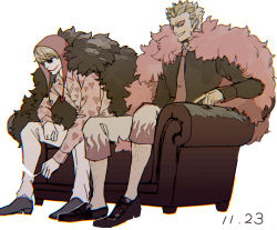 Rule 34 | 2boys, blonde hair, brothers, cigarette, coat, couch, donquixote doflamingo, donquixote rocinante, fur coat, headgear, highres, holding, holding cigarette, long sleeves, male focus, multiple boys, necktie, one piece, santa65, siblings, sitting, white background