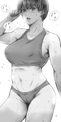Rule 34 | 1girl, breasts, buruma, covered erect nipples, cowboy shot, greyscale, hand up, large breasts, looking at viewer, maguro teikoku, monochrome, navel, open mouth, original, short hair, solo, sports bra, sweat, tan, tanline, toned