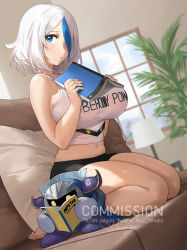 Rule 34 | 1girl, :o, armor, artist name, bare arms, bare legs, bare shoulders, barefoot, black shorts, blue eyes, blurry, blush, book, breasts, clothes writing, commentary, commission, couch, creature, depth of field, dima (mr december206), dutch angle, english commentary, highres, holding, holding book, indoors, kirby (series), lamp, large breasts, looking at viewer, meta knight, mittens, multicolored hair, nhaliz, nintendo, on couch, open book, original, parted lips, pillow, plant, potted plant, reading, short hair, short shorts, shorts, shoulder armor, signature, silver hair, sitting, sleeveless, streaked hair, tank top, two-tone hair, wariza, white mittens, white tank top, window blinds, yellow eyes
