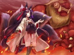Rule 34 | 1girl, :d, animal ears, bad id, bad pixiv id, black hair, colored skin, facial mark, fox ears, fox tail, hair ornament, holding, japanese clothes, long hair, monster, multiple tails, nakasaki hydra, open mouth, pixiv fantasia, pixiv fantasia sword regalia, red eyes, smile, sword, tail, weapon, white skin