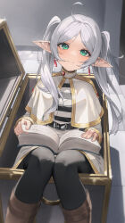 Rule 34 | 1girl, absurdres, ahoge, belt, black belt, black pantyhose, blush, book, capelet, chest (furniture), dangle earrings, diffraction spikes, dot nose, earrings, elf, frieren, gold trim, green eyes, hair intakes, highres, indoors, jewelry, kerno, long sleeves, looking at viewer, pantyhose, parted bangs, pointy ears, shirt, sidelocks, sitting, smile, solo, sousou no frieren, striped clothes, striped shirt, tile floor, tiles, turtleneck, twintails, two side up, white capelet, white hair