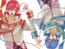 Rule 34 | 2boys, akaito, blue eyes, blue hair, imori, kaito (vocaloid), male focus, multiple boys, open mouth, red eyes, red hair, short hair, simple background, string, string of fate, upper body, vocaloid, white background