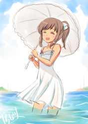 Rule 34 | 10s, 1girl, :d, ^ ^, blush, brown hair, chize, closed eyes, day, dress, closed eyes, i-401 (kancolle), kantai collection, ocean, open mouth, partially submerged, short hair, sketch, smile, solo, sundress, umbrella, wading, water, white dress