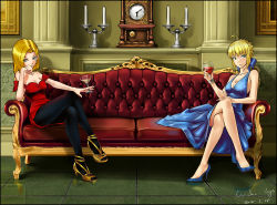 Rule 34 | 2girls, ahoge, alternate costume, android 18, artoria pendragon (all), artoria pendragon (fate), black legwear, blonde hair, blue dress, blue eyes, breasts, candle, cleavage, clock, couch, crossover, cup, dragon ball, dragonball z, dress, drinking glass, fate/stay night, fate (series), female focus, full body, green eyes, hair ribbon, high heels, highres, crossed legs, long dress, make days, multiple girls, pantyhose, red dress, red upholstery, ribbon, saber (fate), shoes, short hair, sitting, wine glass