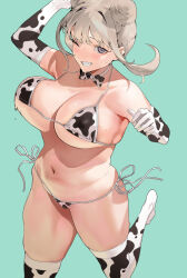 1girl animal_print bare_shoulders bikini blush breasts cleavage collarbone covered_erect_nipples cow_print double_bun elbow_gloves gloves grey_hair grin hair_bun ikuchan_kaoru large_breasts looking_at_viewer medium_hair navel original purple_eyes sidelocks smile solo swimsuit thick_thighs thighhighs thighs white_bikini white_gloves white_thighhighs