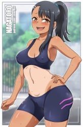 Rule 34 | 1girl, ass, black hair, blurry, blurry background, blush, breasts, brown eyes, cleft of venus, cowboy shot, depth of field, fang, grin, hair ornament, hairclip, hand on own thigh, highres, ijiranaide nagatoro-san, looking at viewer, medium breasts, nagatoro hayase, one-piece tan, outdoors, sano br, small breasts, smile, solo, sports bra, standing, swimsuit, tan, tanline, teeth