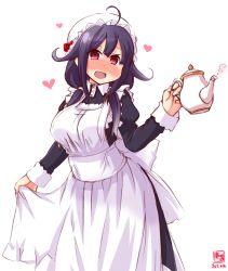 Rule 34 | 1girl, alternate costume, apron, apron hold, artist logo, black dress, blush, collared shirt, dated, dress, enmaided, feet out of frame, frilled apron, frilled dress, frills, hair between eyes, hair flaps, hat, heart, highres, juliet sleeves, kanon (kurogane knights), kantai collection, long sleeves, low twintails, maid, maid apron, mob cap, open mouth, puffy sleeves, purple hair, red eyes, shirt, signature, simple background, smile, taigei (kancolle), teapot, twintails, white apron, white background
