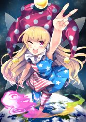 Rule 34 | 1girl, american flag dress, american flag legwear, arm up, bad id, bad pixiv id, bare arms, blonde hair, clownpiece, dress, earth (planet), fairy wings, fire, hat, jester cap, kapuchii, long hair, neck ruff, one eye closed, open mouth, pantyhose, pink eyes, pink hat, planet, polka dot, short dress, sky, sleeveless, sleeveless dress, smile, solo, space, star (sky), star (symbol), star print, starry sky, striped clothes, striped dress, striped pantyhose, torch, touhou, very long hair, wings