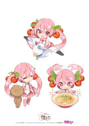Rule 34 | 1girl, :o, bird, cherry blossom print, cherry hair ornament, chibi, commentary, detached sleeves, doguu, drooling, floral print, food, food-themed hair ornament, hair ornament, hat, hatsune miku, highres, kiya machi, mouth drool, multiple views, necktie, noodles, official art, open mouth, outstretched arm, pink hair, pink necktie, pink skirt, pink sleeves, pink thighhighs, pleated skirt, pointing, ramen, red eyes, riding, riding bird, sailor hat, sakura miku, seagull, shirt, shoulder tattoo, skirt, sleeveless, sleeveless shirt, smile, sparkling eyes, spring onion, standing, tattoo, thighhighs, twintails, vocaloid, white background, white headwear, white shirt