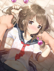 Rule 34 | 1girl, 1other, blush, bra, brown hair, camisole, closed mouth, collarbone, highres, ifnil, looking at viewer, navel, original, school uniform, see-through, serafuku, tearing up, twintails, underwear, wet, wet clothes