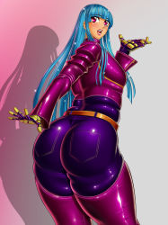 Rule 34 | 1girl, ass, blue hair, blush, circle max, denim, from behind, gloves, highres, huge ass, jacket, jeans, kula diamond, long hair, looking back, open mouth, pants, purple eyes, shadow, shiny clothes, shiny skin, smile, snk, solo, the king of fighters, tight clothes, tight pants