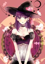 Rule 34 | 1girl, black hat, blush, breasts, cleavage, collarbone, earrings, fate/stay night, fate (series), hair ribbon, hat, highres, jewelry, long hair, looking at viewer, matou sakura, medium breasts, open mouth, prin dog, purple eyes, purple hair, red ribbon, ribbon, solo, strapless, witch hat
