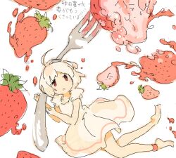 Rule 34 | 1girl, :o, ahoge, artist request, bad drawr id, bad id, bare legs, barefoot, blonde hair, dress, food, fork, fruit, holding, holding fork, juice, looking at viewer, mini person, minigirl, oekaki, original, parted lips, red eyes, short hair, short sleeves, solo, strawberry, white background, white dress