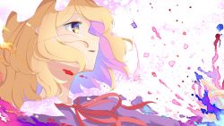 Rule 34 | 1girl, absurdres, blonde hair, dress, from side, hat, highres, maribel hearn, mob cap, open mouth, purple dress, smile, solo, t-hou, touhou, white hat, yellow eyes