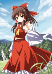 Rule 34 | 1girl, brown eyes, brown hair, detached sleeves, female focus, forest, gohei, hakurei reimu, highres, japanese clothes, kurosaki hiroya, miko, nature, navel, outdoors, plant, sarashi, skirt, sky, solo, touhou