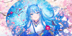Rule 34 | 1girl, blue butterfly, blue eyes, blue hair, blush, bug, butterfly, cherry blossoms, flower, hamaru log, highres, horns, insect, japanese clothes, kimono, looking at viewer, nengajou, new year, oil-paper umbrella, oni, original, parted lips, red flower, smile, solo, umbrella, upper body, white kimono