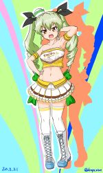 Rule 34 | 1girl, :d, absurdres, alternate costume, anchovy (girls und panzer), arm behind head, arm up, armband, armpits, bare shoulders, black ribbon, boots, bow, cheerleader, clothes writing, coco&#039;s, commentary, cross-laced footwear, dated, dixie cup hat, double horizontal stripe, drill hair, drops mint, frilled shirt, frilled skirt, frills, full body, girls und panzer, green bow, green hair, hair ribbon, hand on own hip, hat, highres, lace-up boots, large bow, logo, long hair, looking at viewer, midriff, military hat, mini hat, miniskirt, multicolored background, navel, open mouth, pleated skirt, red eyes, ribbon, shirt, silhouette, skirt, smile, solo, standing, strapless, thighhighs, tilted headwear, tube top, twin drills, twintails, twitter username, v-shaped eyebrows, waitress, white footwear, white hat, white shirt, white skirt, white thighhighs