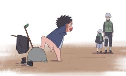 Rule 34 | 3boys, black hair, blush, branch, crayon shin-chan, derivative work, father and son, goggles, grey hair, hatake kakashi, hatake sakumo, highres, holding hands, jacket, looking at another, mask, mouth mask, multiple boys, naruto (series), nohara shinnosuke, outdoors, pants, unworn pants, parody, penis, penis out, scarf, shoes, unworn shoes, smile, standing, style parody, sweatdrop, uchiha obito, uw bucciarati, wet, wet clothes, aged down