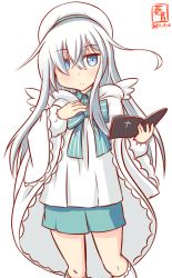 Rule 34 | 1girl, alternate costume, angel wings, artist logo, blue bow, blue bowtie, blue eyes, blue skirt, bow, bowtie, cape, commentary request, cowboy shot, dated, dress, hibiki (kancolle), kanon (kurogane knights), kantai collection, long hair, looking at viewer, one-hour drawing challenge, pleated dress, silver hair, simple background, skirt, solo, verniy (kancolle), white background, white cape, white headwear, wings