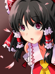 Rule 34 | 1girl, ascot, bare shoulders, black hair, bow, brown background, collarbone, colored eyelashes, detached sleeves, hair between eyes, hair bow, hair tubes, hakurei reimu, long hair, looking at viewer, okuba, open mouth, portrait, red eyes, simple background, solo, touhou, upper body