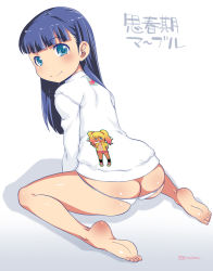 Rule 34 | 10s, 1girl, ass, barefoot, blue eyes, blue hair, butt crack, character request, feet, full body, gundam, gundam build fighters, gundam build fighters try, highres, mudou eichi, panties, simple background, sitting, solo, translation request, underwear, wariza, white background, white panties