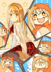 Rule 34 | &gt; &lt;, + +, 10s, 1girl, :i, animal costume, black thighhighs, blonde hair, blush, brown eyes, chibi, closed eyes, collage, doma umaru, drooling, hamster costume, himouto! umaru-chan, komaru (himouto! umaru-chan), long hair, nose bubble, open mouth, pout, school uniform, simple background, sitting, skirt, smile, solo, sparkle, thighhighs, triangle mouth, tthal, wariza
