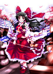 Rule 34 | 1girl, black hair, breasts, brown eyes, detached sleeves, hakurei reimu, highres, japanese clothes, large breasts, lilish, long hair, miko, solo, touhou