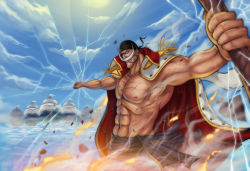 Rule 34 | 1boy, abs, attack, bandana, battle, cloud, cloudy sky, day, doubled67, edward newgate, epaulettes, facial hair, fire, high collar, highres, jacket, jacket on shoulders, male focus, manly, marineford, muscular, mustache, one piece, polearm, sash, scar, ship, topless male, signature, sky, solo, water, watercraft, weapon, white hair