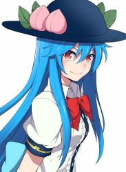 Rule 34 | 1girl, arm at side, back bow, black hat, blue hair, blue sash, blush, bow, breasts, buttons, center frills, closed mouth, collared shirt, commentary request, eyelashes, feet out of frame, frills, fruit hat ornament, hair between eyes, hat, highres, hinanawi tenshi, long hair, looking at viewer, medium breasts, neck ribbon, peach hat ornament, puffy short sleeves, puffy sleeves, red eyes, red ribbon, ribbon, sash, shirt, short sleeves, sidelocks, simple background, smile, solo, touhou, upper body, white background, white shirt, wing collar, yoshinatsu
