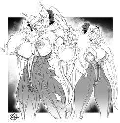 Rule 34 | 2girls, abs, animal ear fluff, animal ears, bajou takurou, blade &amp; soul, breasts, breasts out, censored, choker, claws, closed mouth, collarbone, commission, covered erect nipples, eyes visible through hair, fingernails, fur trim, greyscale, grin, hair over one eye, hand on own hip, hatching (texture), long fingernails, long hair, monochrome, mosaic censoring, multiple girls, muscular, muscular female, navel, nipples, parted lips, scrunchie, sharp fingernails, sharp teeth, shiny skin, signature, smile, star (symbol), teeth, twintails, very long hair, zipper, zipper pull tab