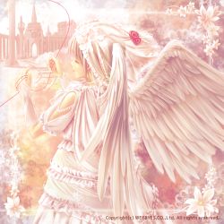 Rule 34 | 1girl, :d, angel, angel wings, bridal gauntlets, brown hair, building, closed eyes, cloud, dress, flower, frills, long hair, open mouth, original, pillar, puffy short sleeves, puffy sleeves, red hair, short sleeves, sky, smile, solo, soraizumi, string of fate, veil, white dress, white flower, white hair, white theme, white wings, wings, zuppon