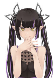Rule 34 | 1girl, absurdres, black hair, black shirt, blunt bangs, breasts, cleavage, closed mouth, commentary request, demon girl, demon horns, engacyo (engacyo39800yen), heart, heart print, highres, horns, kojo anna, kojo anna (1st costume), long hair, looking at viewer, medium breasts, multicolored hair, nail polish, nanashi inc., own hands together, pink nails, pointy ears, print shirt, purple hair, see-through, see-through cleavage, see-through shirt, shirt, simple background, sleeveless, sleeveless shirt, smile, solo, straight-on, sugar lyric, twintails, two-tone hair, upper body, virtual youtuber, white background, yellow eyes