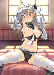 Rule 34 | 1girl, bare shoulders, black panties, blue eyes, breasts, commentary request, day, double v, elbow gloves, eyes visible through hair, gloves, hair ornament, headband, heart, heart-shaped pupils, highres, indoors, kantai collection, long hair, looking at viewer, medium breasts, navel, neckerchief, nipples, no bra, one side up, outstretched arm, panties, panties under pantyhose, pantyhose, patricia (stylish marunage), saliva, shirt, silver hair, sitting, solo, spread legs, sunlight, suzutsuki (kancolle), sweat, symbol-shaped pupils, torn clothes, torn pantyhose, torn shirt, underwear, v, white gloves, white neckerchief, white pantyhose, window