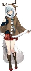 Rule 34 | 1girl, ahoge, animal costume, antlers, blush, braid, fujikawa, full body, grey hair, hair ribbon, hamanami (kancolle), hood, hooded dress, horns, kantai collection, kneehighs, long hair, long sleeves, looking at viewer, official art, open mouth, reindeer antlers, reindeer costume, ribbon, sack, single braid, socks, solo, torn clothes, transparent background, yellow eyes