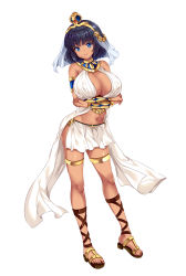 Rule 34 | 1girl, ancient egypt, armlet, atelier g/h, bare legs, bare shoulders, black hair, blue eyes, blush, bracelet, breast hold, breasts, cleavage, cleavage cutout, cleopatra (cleopatra ga yattekita!?), cleopatra ga yattekita!?, clothing cutout, collar, crossed arms, crown, dark skin, dark-skinned female, egyptian, feet, female focus, full body, highres, hinata sora, jewelry, large breasts, legs, looking at viewer, midriff, navel, pelvic curtain, revealing clothes, sandals, short hair, smile, solo, standing, thighlet, toes, veil