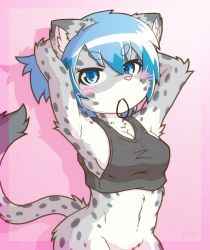 Rule 34 | 1girl, akio asahi, blue eyes, blue hair, bottomless, female focus, furry, furry female, out-of-frame censoring, short hair, snow leopard, solo