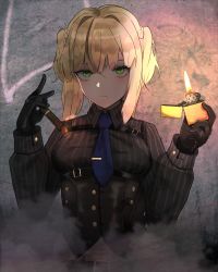 Rule 34 | 1girl, absurdres, belt, black shirt, blonde hair, blue necktie, breasts, cigar, closed mouth, commentary request, corset, expressionless, fte (fifteen 199), girls&#039; frontline, gloves, green eyes, highres, holding, holding cigar, holding lighter, lighter, looking at viewer, necktie, shirt, short hair, skirt, smoke, solo, twintails, upper body, welrod mkii (girls&#039; frontline)