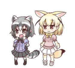 Rule 34 | 10s, 2girls, :3, :d, animal ears, black bow, black footwear, black skirt, blonde hair, blush, bow, brown eyes, closed mouth, commentary request, common raccoon (kemono friends), extra ears, fennec (kemono friends), fox ears, fox girl, fox tail, full body, grey hair, grey legwear, hair between eyes, hands on own hips, hono, kemono friends, lowres, multiple girls, open mouth, pantyhose, pink sweater, pleated skirt, puffy short sleeves, puffy sleeves, purple shirt, raccoon ears, raccoon girl, raccoon tail, shirt, shoes, short sleeves, simple background, skirt, smile, standing, striped tail, sweater, tail, thighhighs, white background, white footwear, white skirt, yellow bow
