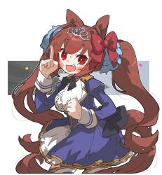 Rule 34 | 1girl, amonitto, animal ears, blue jacket, blush, bow, bowtie, breasts, brown hair, center frills, clenched hand, confetti, cowboy shot, daiwa scarlet (umamusume), frills, hair bow, hair intakes, hands up, highres, horse ears, horse girl, horse tail, index finger raised, jacket, juliet sleeves, long hair, long sleeves, looking at another, looking at viewer, open mouth, puffy sleeves, red eyes, shirt, skirt, small breasts, smile, solo, sweat, tail, tiara, twintails, umamusume, white shirt, white skirt