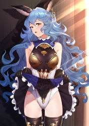 Rule 34 | 1girl, absurdres, animal ears, bare shoulders, black gloves, black skirt, black thighhighs, blue hair, blush, breasts, earrings, erune, ferry (granblue fantasy), gloves, granblue fantasy, highleg, highleg leotard, highres, jewelry, leotard, lifted by self, light rays, long hair, looking at viewer, medium breasts, open mouth, rabbit ears, saru (pixiv13751598), single earring, skirt, solo, thighhighs, thighs, wavy hair, white leotard, yellow eyes