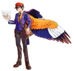 Rule 34 | 1boy, bag, bird boy, bird tail, bird wings, blue eyes, blue jacket, brown bag, brown footwear, brown hair, brown pants, cabbie hat, closed mouth, collared jacket, collared shirt, fang, feathered wings, full body, hand up, hat, highres, holding, holding paper, jacket, long sleeves, looking at viewer, mailman, male focus, necktie, orange vest, orange wings, original, pants, paper, red hat, red nails, rra (yj), shirt, short hair, shoulder bag, simple background, skin fang, smile, solo, standing, tail, vest, white background, white shirt, wings