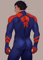Rule 34 | 1boy, absurdres, artist name, ass, back, black hair, blue bodysuit, bodysuit, commentary, contrapposto, covered shoulder blades, cowboy shot, expressionless, from behind, grey background, hair slicked back, highres, lips, looking at viewer, looking back, male focus, marvel, miguel o&#039;hara, nose, profile, shiny clothes, short hair, sideburns, signature, simple background, skin tight, solo, spider-man (2099), spider-man (series), spider-verse, standing, superhero costume, toned, toned male, twitter username, two-tone bodysuit, uhai