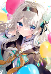 Rule 34 | 1girl, balloon, black hairband, black jacket, blue pupils, blush, breasts, closed mouth, cropped jacket, firefly (honkai: star rail), gen arare, grey hair, hair between eyes, hair intakes, hairband, hand up, highres, honkai: star rail, honkai (series), jacket, long hair, looking to the side, medium breasts, neckerchief, purple eyes, sidelocks, solo, tucking hair, two-tone eyes, white background, yellow neckerchief