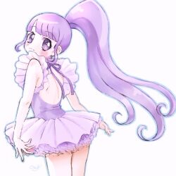 Rule 34 | 1girl, back cutout, blunt bangs, closed mouth, clothing cutout, cowboy shot, dress, from behind, long hair, looking at viewer, looking back, manaka non, mdr onj1807, petticoat, pretty series, pripara, purple dress, purple eyes, purple hair, purple ribbon, ribbon, side ponytail, sidelocks, simple background, sleeveless, sleeveless dress, smile, solo, standing, third-party source, very long hair, white background