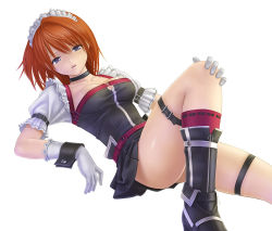 Rule 34 | blue eyes, boots, buckle, choker, gloves, kanzeon, lying, maid, maid headdress, no panties, open mouth, red hair, short hair, solo, strap, thigh strap, wrist cuffs