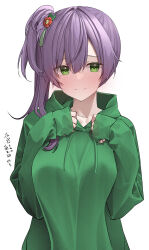 Rule 34 | 1girl, absurdres, blush, breasts, breasts squeezed together, double-parted bangs, embarrassed, green eyes, green hoodie, hair between eyes, hand fan, highres, hood, hoodie, kawai ritsu (rits meg), large breasts, link! like! love live!, long hair, long sleeves, looking at viewer, love live!, nervous smile, otomune kozue, purple hair, simple background, sleeves past wrists, smile, solo, translation request, upper body, white background