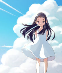 Rule 34 | 1girl, arms behind back, backlighting, bad id, bad pixiv id, bare arms, bare legs, bare shoulders, black eyes, black hair, blue sky, blue theme, blunt bangs, child, closed mouth, clothes lift, cloud, cloudy sky, collarbone, contrail, day, dot nose, dress, feet out of frame, floating hair, goto hime, happy, hime cut, kakushigoto, legs apart, long hair, looking at viewer, no (13680486), outdoors, short dress, sidelocks, sky, sleeveless, sleeveless dress, smile, solo, standing, tareme, white dress, white theme, wind, wind lift